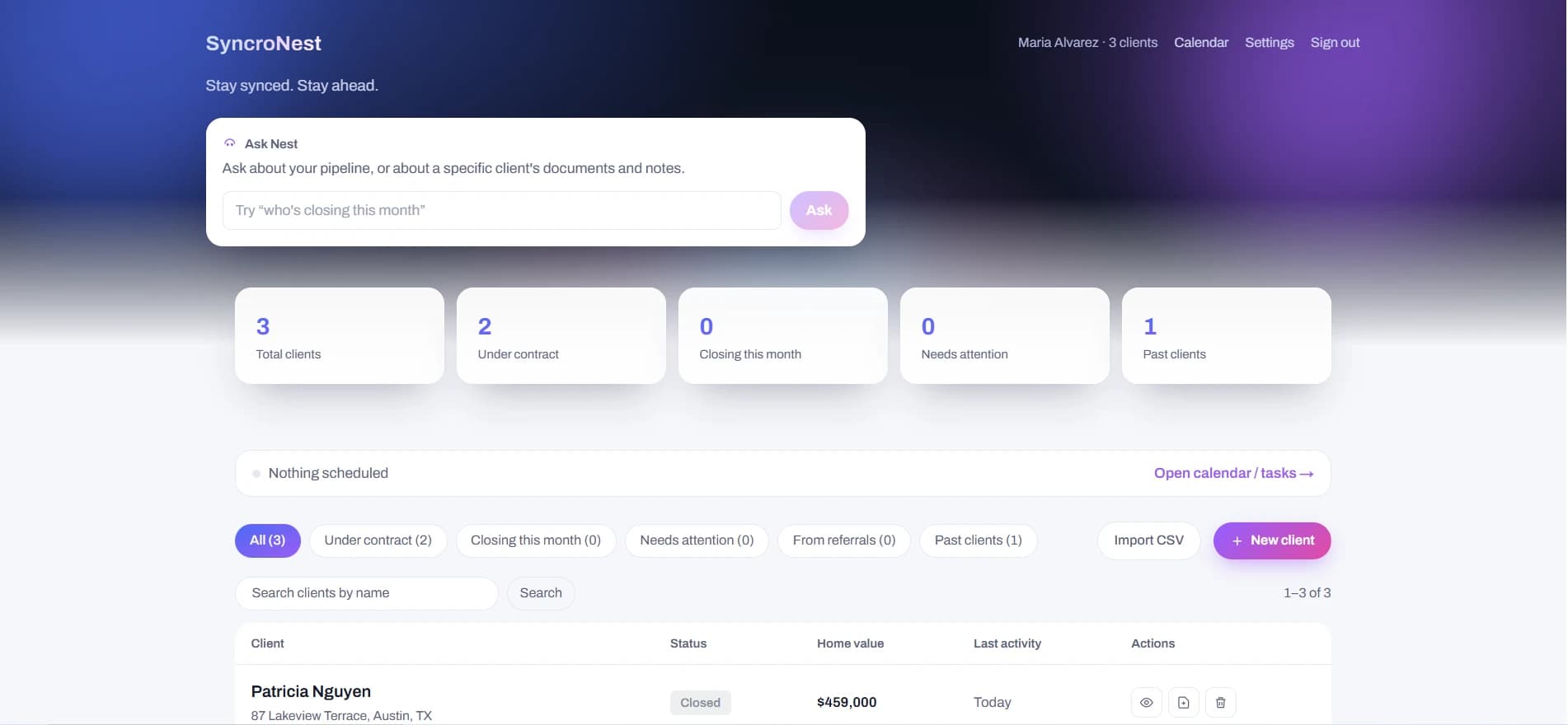 SyncroNest dashboard showing a roster of clients with their status and home values