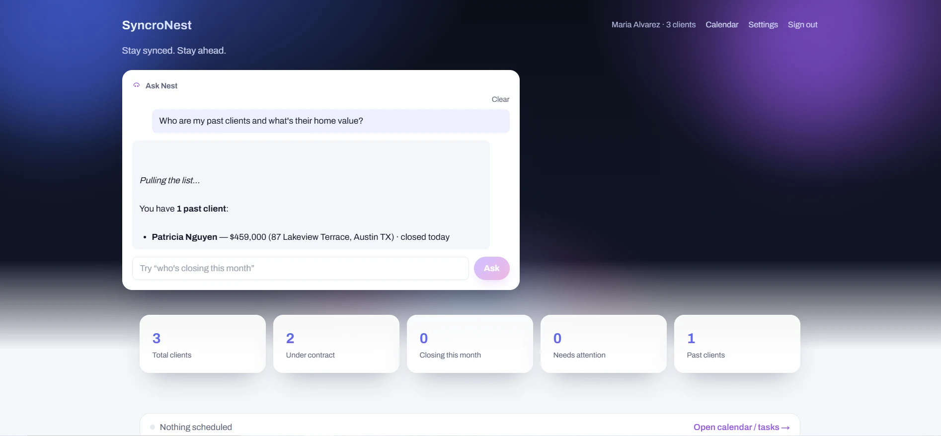 Nest AI assistant answering a question about past clients and their home values