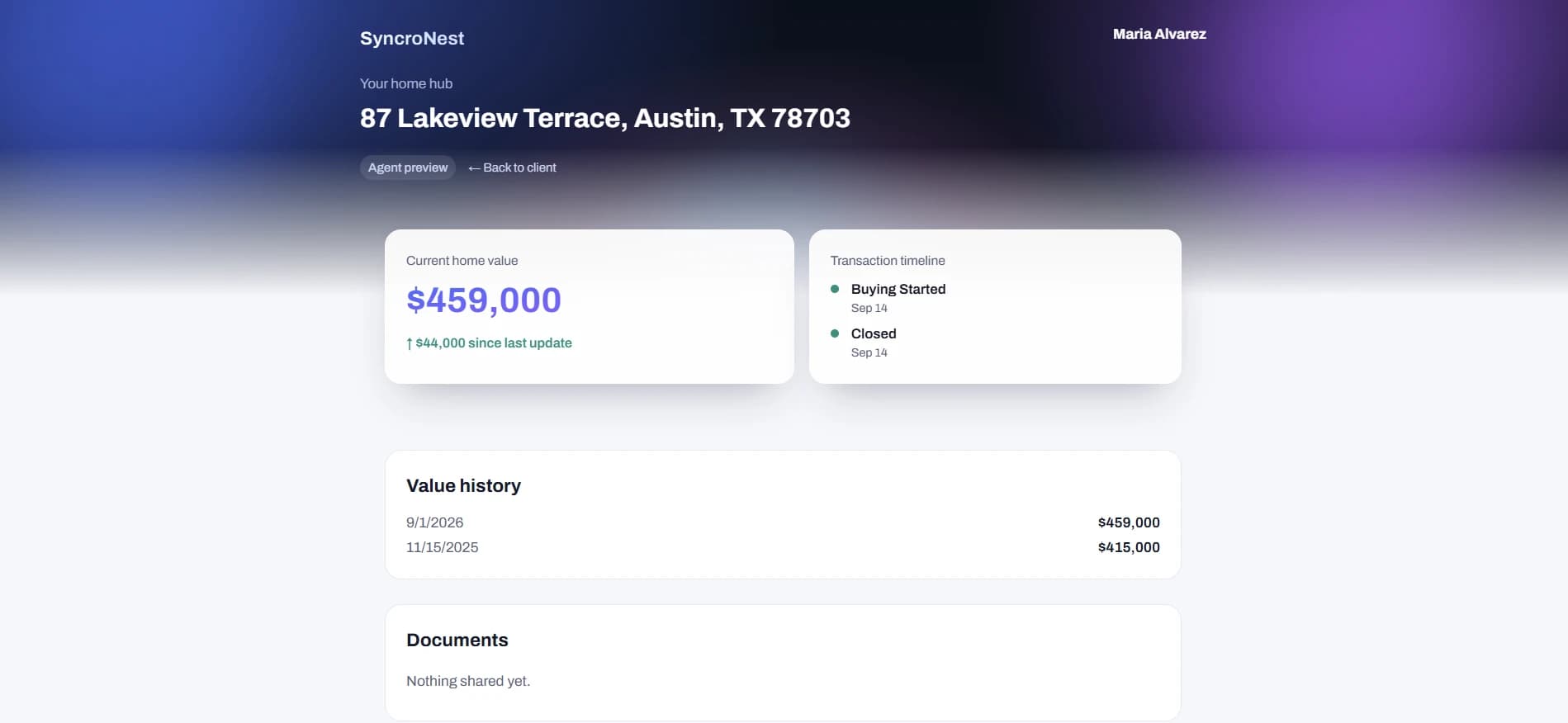 A client's branded portal showing their home value trending up and a transaction timeline